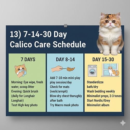 Bảng lịch 7–14–30 ngày chăm mèo tam thể với các bước lau mắt, chải lông, chơi mini và tắm sấy