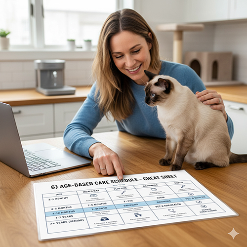 Lịch chăm sóc mèo Xiêm theo độ tuổi – từ mèo con đến mèo trưởng thành và cao tuổi
