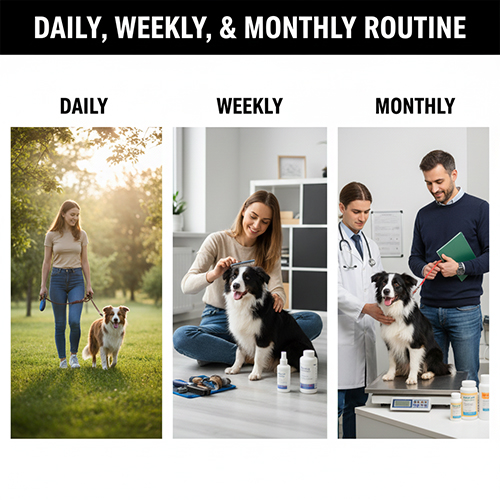 lịch chăm sóc chó border collie theo ngày tuần và tháng minh họa sinh hoạt và kiểm tra sức khỏe định kỳ