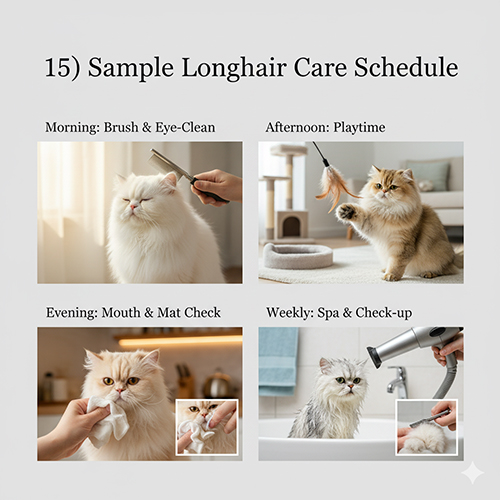 Bộ ảnh lịch chăm sóc mèo Ba Tư lông dài gồm chải sáng, chơi chiều, lau miệng tối và tắm sấy định kỳ