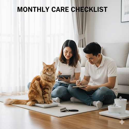 Cặp đôi ghi chú lịch chăm sóc tháng cho mèo Mỹ lông dài trong phòng khách sáng thoáng