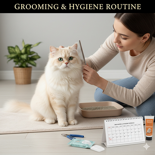 người chăm mèo đang chải lông cho mèo Ba Tư cạnh lịch chăm sóc và bộ dụng cụ vệ sinh