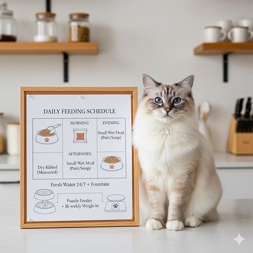 Lịch cho ăn hằng ngày cho mèo Ragdoll gồm hạt buổi sáng, bữa ướt buổi chiều và hạt buổi tối