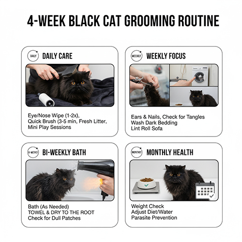 Bảng lịch grooming 4 tuần cho mèo Ba Tư đen gồm chăm hàng ngày, hàng tuần, tắm 2 tuần/lần và kiểm tra sức khỏe hàng tháng