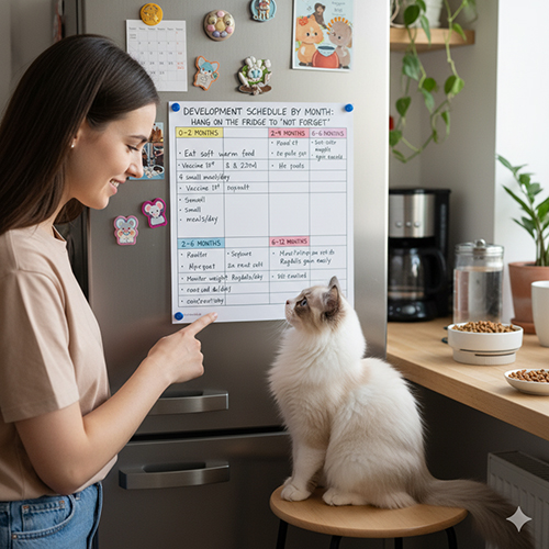 Mèo Ragdoll con ngồi trên ghế nhìn bảng lịch phát triển dán trên tủ lạnh, minh họa các mốc 0–12 tháng