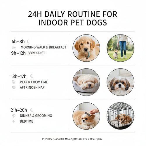 Infographic lịch sinh hoạt 24 giờ cho chó cảnh nuôi trong nhà với các mốc ăn uống nghỉ ngơi và chăm sóc