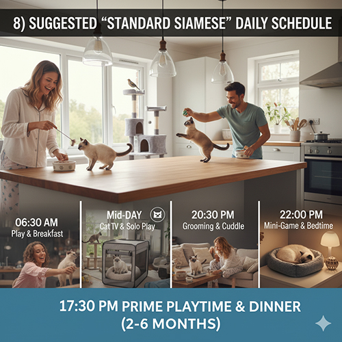 Lịch sinh hoạt chuẩn mỗi ngày cho mèo Xiêm – ăn uống, chơi, grooming và ngủ đúng giờ