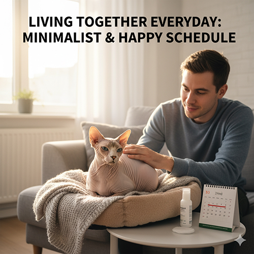 Mèo Không lông Sphynx nằm trên nệm ấm được chủ vuốt ve, minh họa lịch sống tối giản hằng ngày