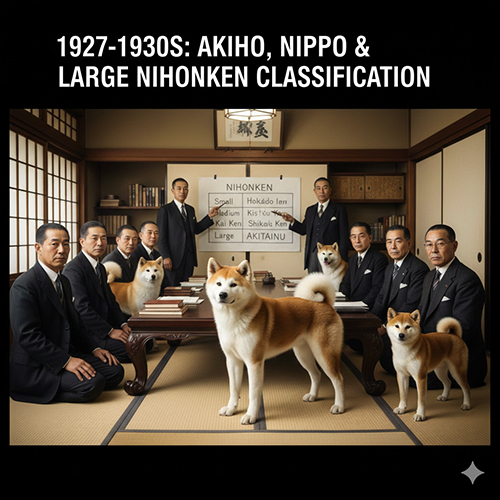 Hình minh họa giai đoạn 1927–1930 khi AKIHO và NIPPO ra đời, Akita được xếp vào nhóm chó Nhật bản địa cỡ lớn
