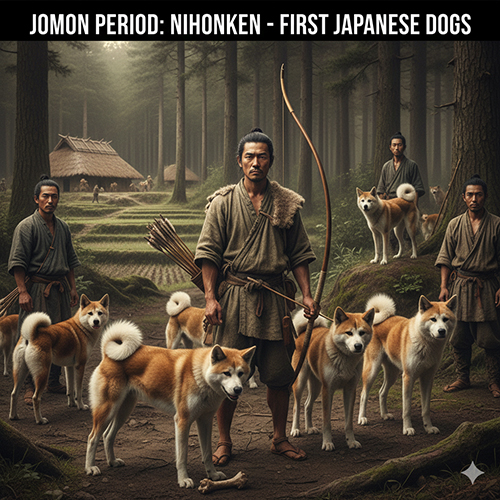 Hình ảnh thợ săn Nhật thời Jomon cùng đàn chó bản địa Nihonken trong rừng rậm