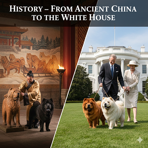 Hình ảnh lịch sử Chow Chow từ Trung Quốc cổ đại đến Nhà Trắng, gồm cảnh tượng cung đình và cảnh Tổng thống Mỹ dắt Chow Chow trong vườn Nhà Trắng