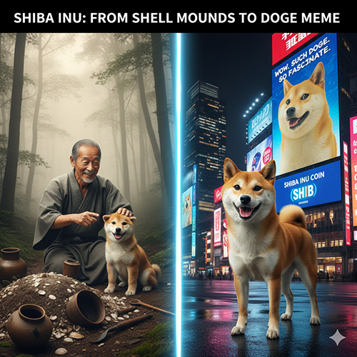 Ảnh minh họa hành trình lịch sử chó Shiba Inu từ thời gò vỏ sò Nhật Bản tới biểu tượng “chó meme” Doge trên quảng cáo thành phố hiện đại