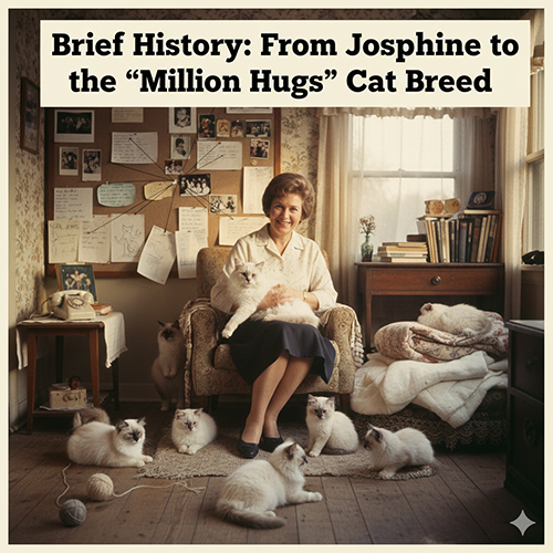 Ảnh minh họa Ann Baker trong phòng làm việc cùng nhiều mèo Ragdoll, gợi lại lịch sử giống mèo bắt nguồn từ mèo cái Josephine.