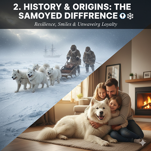 Hình ảnh Samoyed trong lịch sử kéo xe ở vùng băng giá và cảnh gia đình ôm ấp Samoyed trong nhà