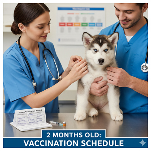 Chó Alaska 2 tháng tuổi được bác sĩ thú y tiêm phòng tại phòng khám thú y