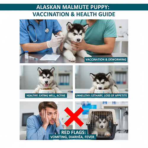 Chó Alaska con được bác sĩ thú y tiêm phòng và kiểm tra sức khỏe định kỳ