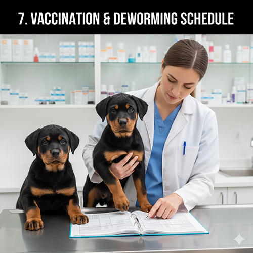 Chó Rottweiler con được bác sĩ thú y kiểm tra sổ tiêm và tiêm phòng tại phòng khám