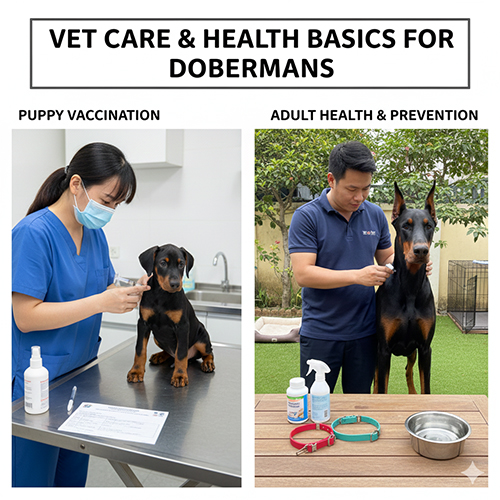 Bác sĩ thú y tiêm phòng Doberman con và hướng dẫn chăm sóc sức khỏe cho Doberman trưởng thành, phòng bệnh cơ bản