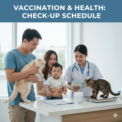 Gia đình đưa mèo tai cụp và mèo tabby đến bác sĩ thú y để kiểm tra sức khỏe, cân và tiêm phòng định kỳ.