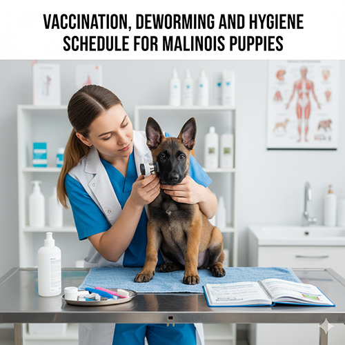 Bác sĩ thú y kiểm tra tai cho chó Becgie Bỉ con 2–3 tháng đang ngồi trên bàn khám, xung quanh là dụng cụ y tế.