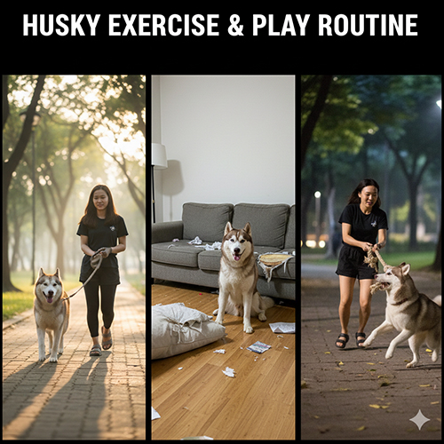 Hình ảnh lịch vận động và vui chơi cho chó Husky: đi dạo, chơi trong nhà và vận động ngoài trời.