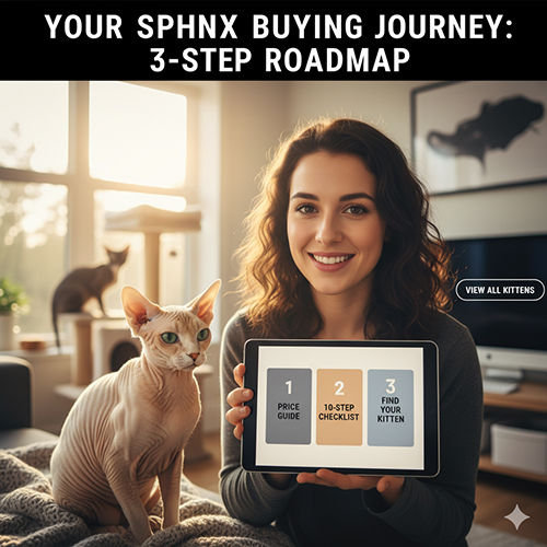 người phụ nữ cầm tablet hiển thị lộ trình 3 bước mua mèo Sphynx, bên cạnh là mèo Sphynx đang ngồi trên ghế