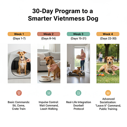 Bốn giai đoạn huấn luyện chó cỏ trong 30 ngày: ngồi, chờ, đi dạo, giao tiếp xã hội; minh họa bằng hình ảnh người Việt huấn luyện chó trong nhà và ngoài trời.