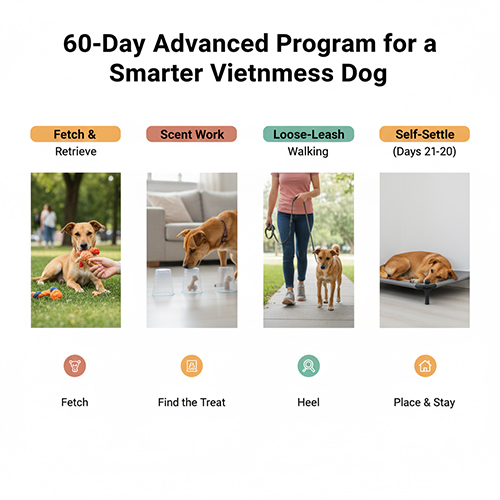 Bốn hoạt động huấn luyện nâng cao cho chó cỏ: nhặt đồ, tìm mùi, đi cạnh chân và nằm nghỉ, minh họa bằng hình ảnh người Việt dạy chó trong nhà và ngoài trời.