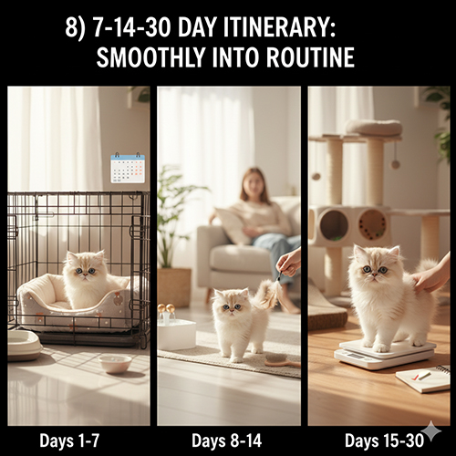 Ba giai đoạn chăm mèo Ba Tư lai từ tuần đầu đến ngày 30 với hình ảnh mèo con trong chuồng, chơi và được grooming