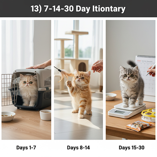 Ba giai đoạn 7–14–30 ngày của mèo Ba Tư con: làm quen nhà mới, chơi – xã hội hóa và theo dõi sức khỏe