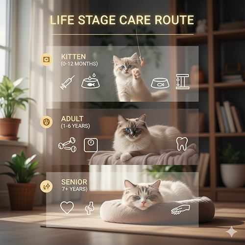 Ba giai đoạn chăm sóc mèo Ragdoll: kitten, trưởng thành và senior, minh họa bằng hình mèo và icon chăm sóc.