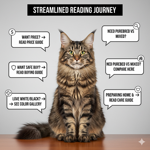 Mèo Maine Coon ngồi chính diện với các bong bóng gợi ý đường dẫn đọc theo nhu cầu.