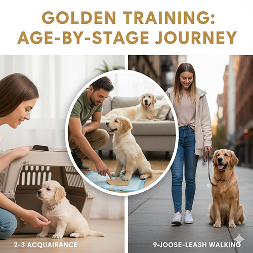 Lộ trình huấn luyện chó Golden theo từng giai đoạn tuổi với các cảnh từ làm quen lồng, tập đi vệ sinh đến dắt đi dạo bằng dây.