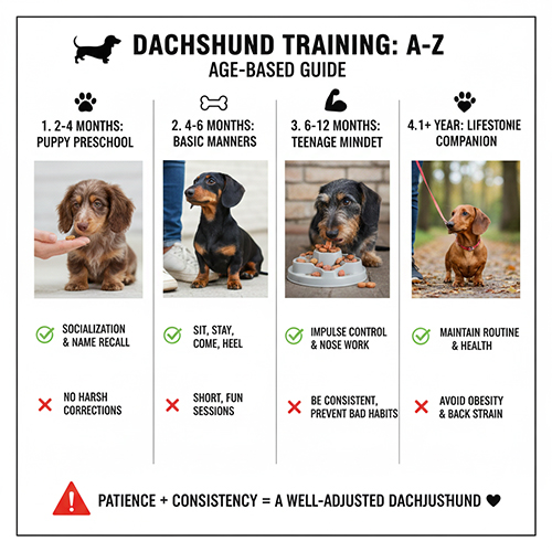 Infographic lộ trình huấn luyện chó Lạp xưởng theo từng giai đoạn tuổi, từ cún con 2–4 tháng đến chó trưởng thành trên 1 năm.