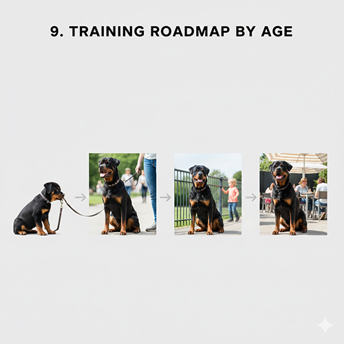 Lộ trình huấn luyện chó Rottweiler theo từng giai đoạn phát triển từ nhỏ đến trưởng thành