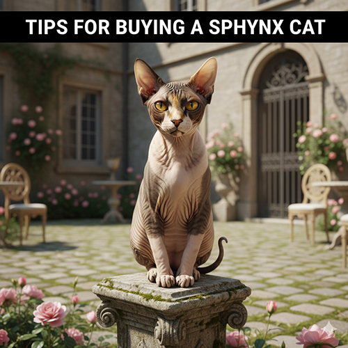 Ảnh mèo Không lông Sphynx ngồi trên bệ đá trong sân vườn – minh họa lộ trình mua mèo an toàn