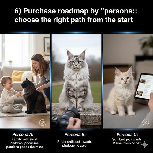 Ảnh minh họa lộ trình mua mèo Maine Coon theo từng nhóm persona: gia đình có trẻ nhỏ, người mê chụp ảnh và người có ngân sách mềm.
