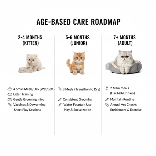 Ba giai đoạn chăm mèo Ba Tư gồm kitten, junior và adult kèm hình minh họa từng giai đoạn và lịch ăn–chăm tương ứng
