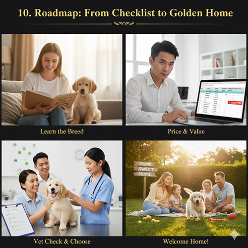 Lộ trình từ đọc checklist đến lúc bế chó Golden Retriever về nhà, với hình ảnh người đọc tài liệu về giống, tra giá trên laptop, khám thú y và gia đình đón Golden ngoài vườn