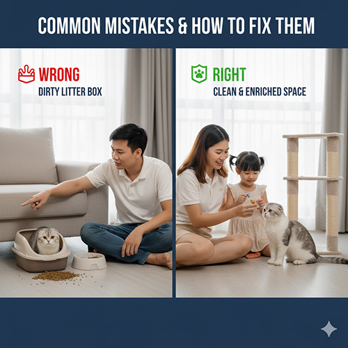 So sánh hai tình huống chăm sóc mèo: bên trái là khay cát bẩn khiến mèo căng thẳng, bên phải là không gian sạch và mèo vui chơi cùng gia đình.