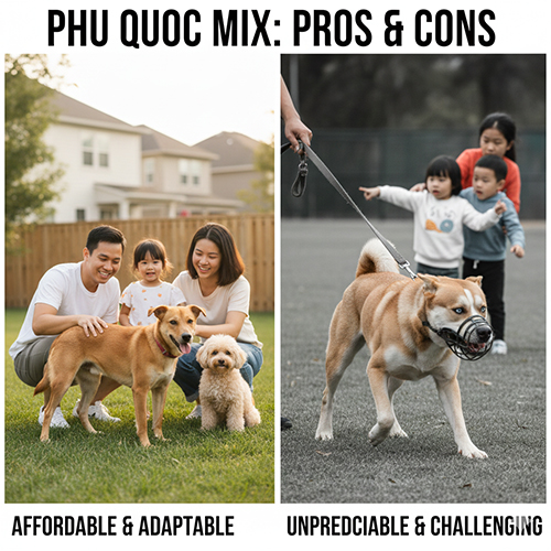 Ảnh so sánh ưu và nhược điểm khi chọn nuôi chó Phú Quốc lai: một bên thân thiện – dễ thích nghi, bên còn lại khó đoán – đòi hỏi kiểm soát tốt.