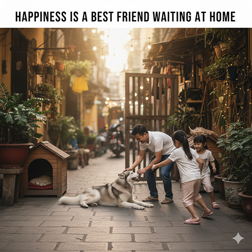 Gia đình Việt vui đùa cùng chó Alaska lai chó cỏ trước nhà, không khí ấm áp và gắn bó