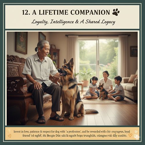 Người lớn tuổi ngồi vuốt ve chó Becgie Đức trong nhà, phía sau là gia đình trẻ đang chơi đùa cùng một chú Becgie khác