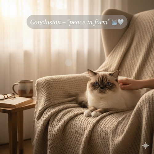 Mèo Ba Tư mắt xanh lông sáng nằm trên ghế bành phủ chăn dệt màu be, cạnh bàn gỗ có cốc trà và cuốn sách trong ánh nắng dịu bên cửa sổ