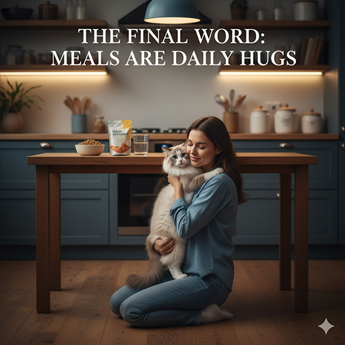 Lời kết về dinh dưỡng mèo Ragdoll, nhấn mạnh bữa ăn là chiếc ôm mỗi ngày và sự chăm sóc nhẹ nhàng từ chủ