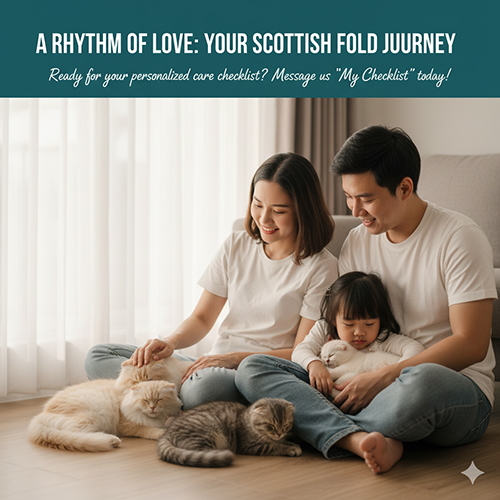 Gia đình ngồi bên nhau trong phòng khách, vuốt ve hai bé mèo tai cụp, thể hiện sự bình yên và tình yêu dành cho thú cưng.