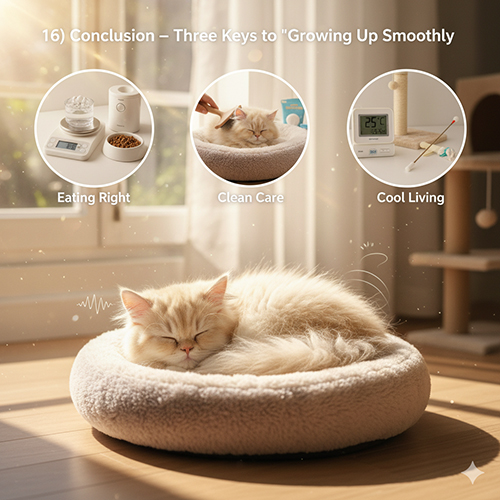 Mèo Ba Tư con ngủ yên trong ổ mềm dưới ánh nắng, kèm biểu tượng ăn đúng – chăm sạch – sống mát