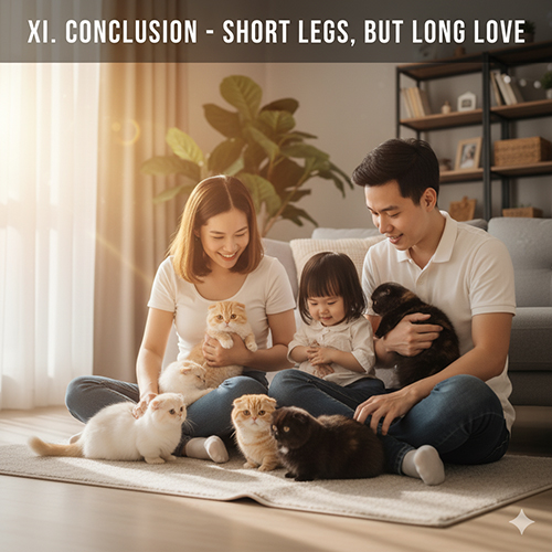 Gia đình quây quần với đàn mèo Munchkin con trong phòng khách sáng, không khí ấm áp – minh họa phần lời kết của bài hướng dẫn phối giống.