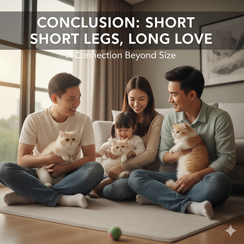 Gia đình quây quần ôm hai mèo Munchkin trong phòng khách ấm áp, minh họa thông điệp “chân ngắn, tình dài” ở phần kết bài.