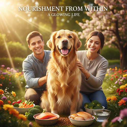 Chó Golden ngồi giữa vườn hoa cùng chủ, trước mặt là các bát thức ăn lành mạnh tượng trưng cho dinh dưỡng tốt